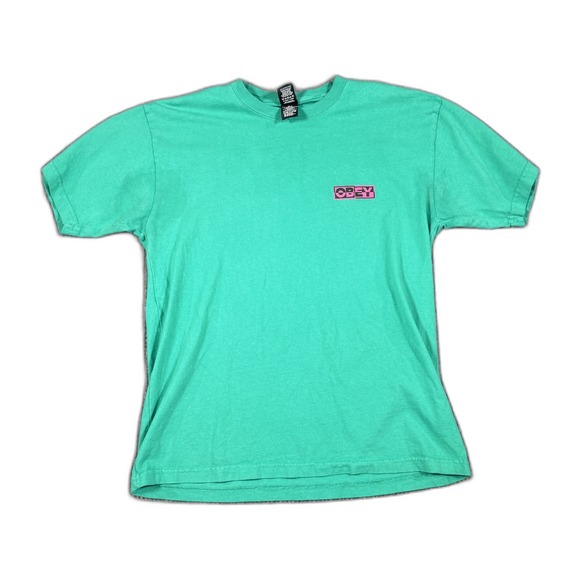 Obey Other - Obey Mens Graphic T-Shirt Green Pink Logo Short Sleeve Crew Neck Size M